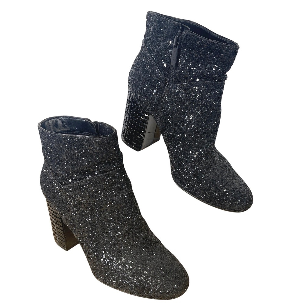Michael‎ Kors Black Glitter Block Heel Ankle Booties Studded Heel Sparkly Boots
